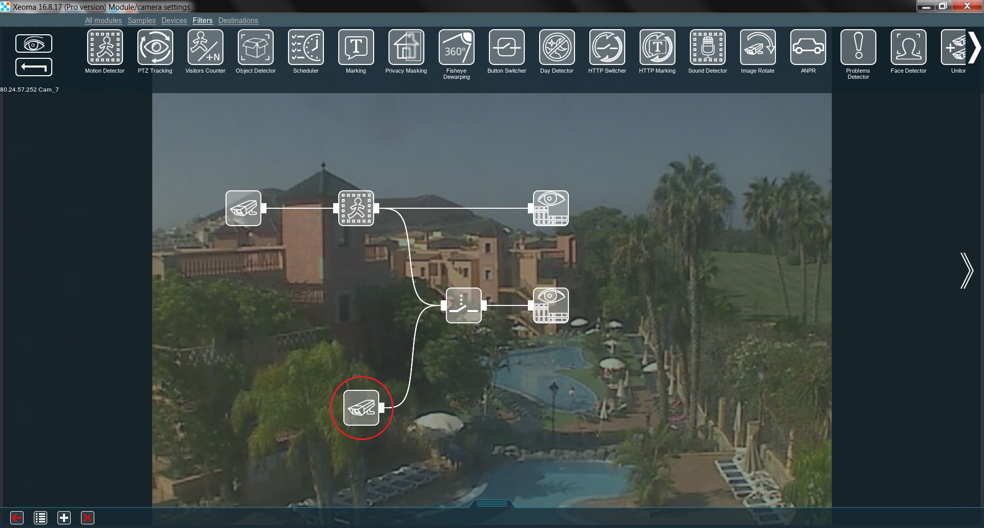 Add two cameras and connect them to a Relay Switch module for an automated switch between these cameras in your video surveillance system